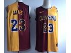 Nike Los Angeles Lakers #23 LeBron James Red/Yellow Half Laker Half Cleveland Jersey