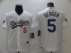 Nike Los Angeles Dodgers #5 Corey Seager 2021 White Gold Program Cool Base Jersey Number On Chest