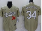 Nike Los Angeles Dodgers #34 Fernando Valenzuela Tan Pinstrip Cool Base Jersey