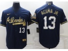 Nike Atlanta Braves #13 Ronald Acuna Jr.Blue With Golden Number Cool Base Jersey