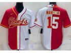 Kansas City Chiefs #15 Patrick Mahomes Red White Split Baseball Jersey