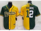 Green Bay Packers #12 Aaron Rodgers Green Yellow Split Baseball Jersey