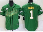 Philadelphia Eagles #1 Jalen Hurts Green With C Pacth Baseball Jersey