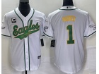 Philadelphia Eagles #1 Jalen Hurts White With Gold Name Baseball Jersey