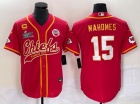 Kansas City Chiefs #15 Patrick Mahomes Red with Golden Name Superbowl C Patches Baseball Jersey