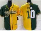 Green Bay Packers #10 Jordan Love Green/Yellow Split Baseball Jersey