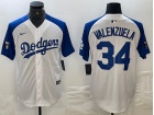 Los Angeles Dodgers #34 Fernando Valenzuela White with Blue Shoulders Cool Base Jersey