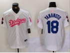 Los Angeles Dodgers #18 Yoshinobu Yamamoto White with Pink/Blue Number Jersey