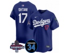 Los Angeles Dodgers #17 Shohei Ohtani Blue with 2024 Champions Patch and 34 Black Patch Players Limi...