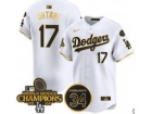 Los Angeles Dodgers #17 Shohei Ohtani White Golden with 2024 Champions Patch and 34 Black Patch Play...