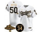 Los Angeles Dodgers #50 Mookie Betts White Golden with 2024 Champions Patch and 34 Black Patch Playe...