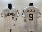 Milwaukee Brewers #9 Bob Uecker White Pinstripes with Patches Jersey